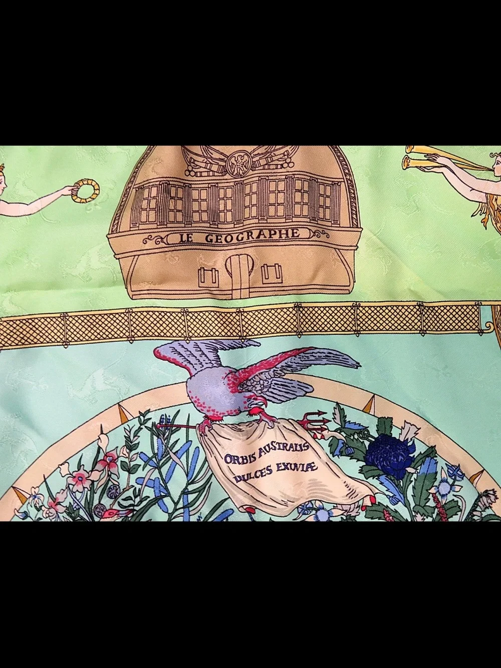 Hermes Green and Light Green Silk Scarf with Multicolor Motif